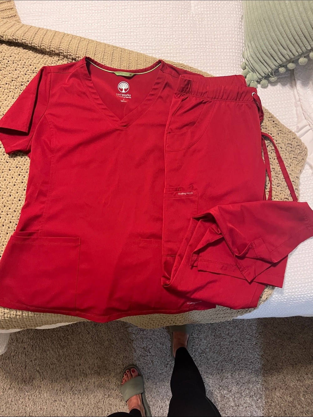 healing hands Bright Red V-Neck Scrub Top 3 pocket, Drawstring pants- cargo